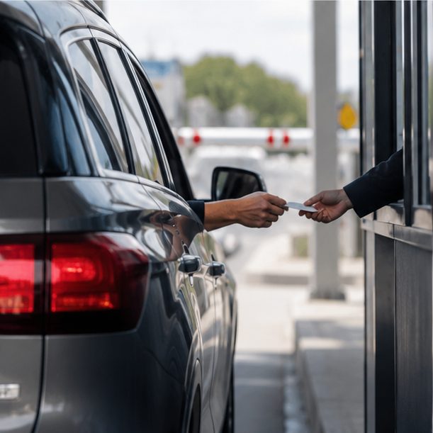 NEXUS member handing a card to an officer in a dedicated border lane
