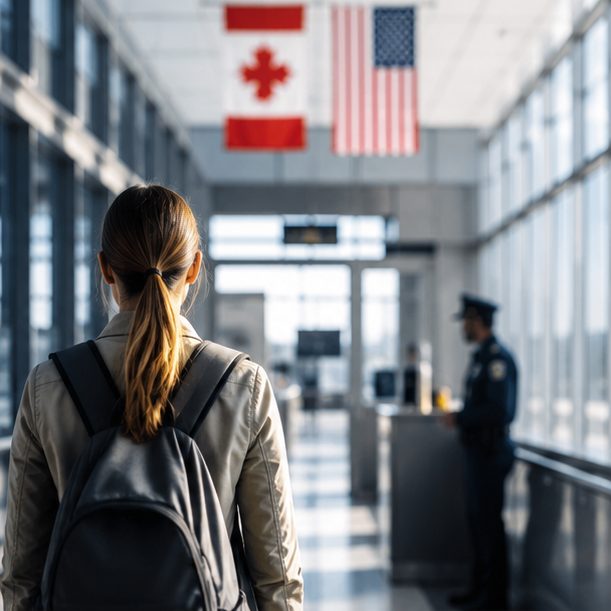Traveler walking through a Canada and U.S. border crossing terminal